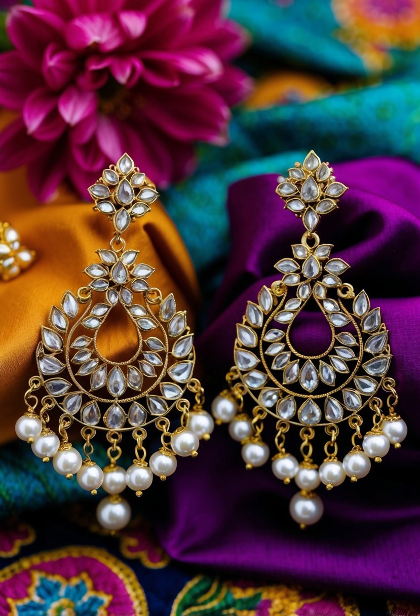 A pair of intricate Chandbali earrings with delicate filigree and dangling pearls, set against a backdrop of vibrant silk and floral motifs