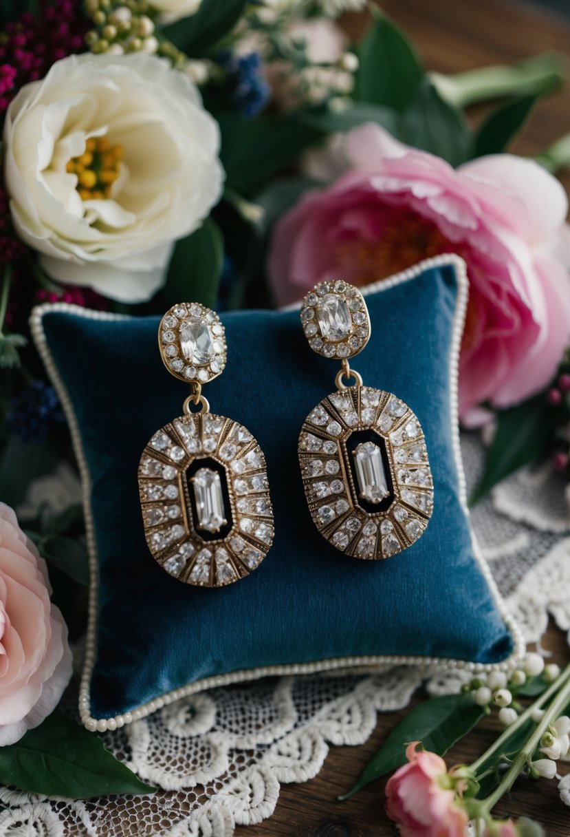 A pair of chunky vintage-inspired earrings displayed on a velvet cushion, surrounded by floral and lace details for an 80s wedding theme