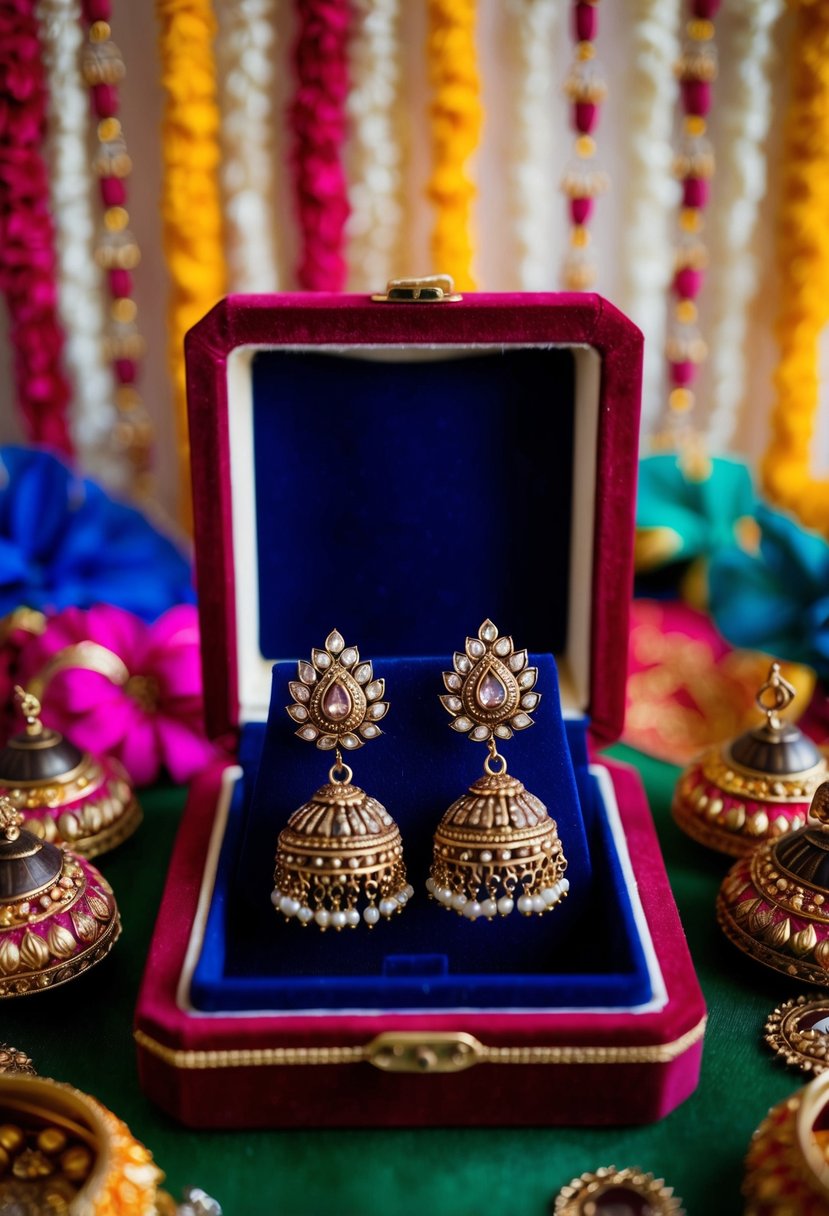 A pair of antique finish jhumkas dangling from a velvet jewelry box, surrounded by colorful Indian wedding decorations