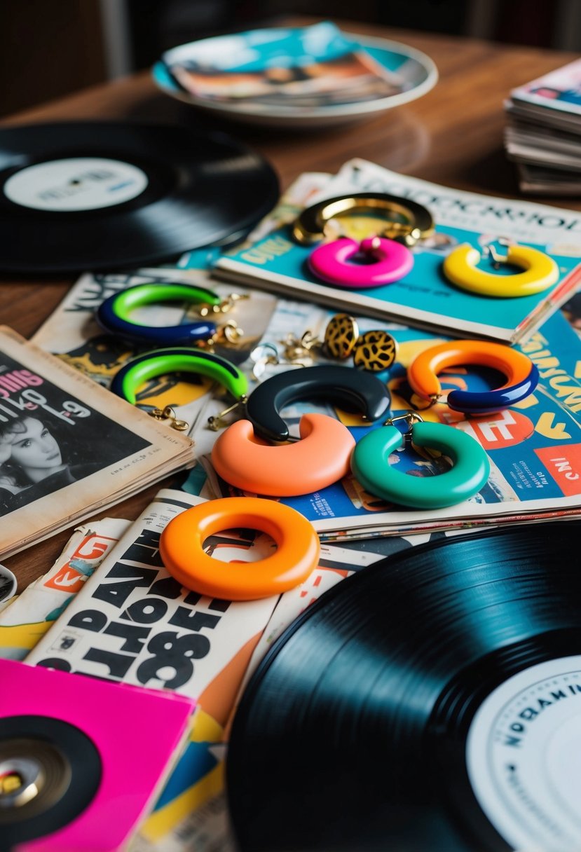 A cluttered table with bold, colorful, and oversized earrings scattered among vintage magazines and vinyl records