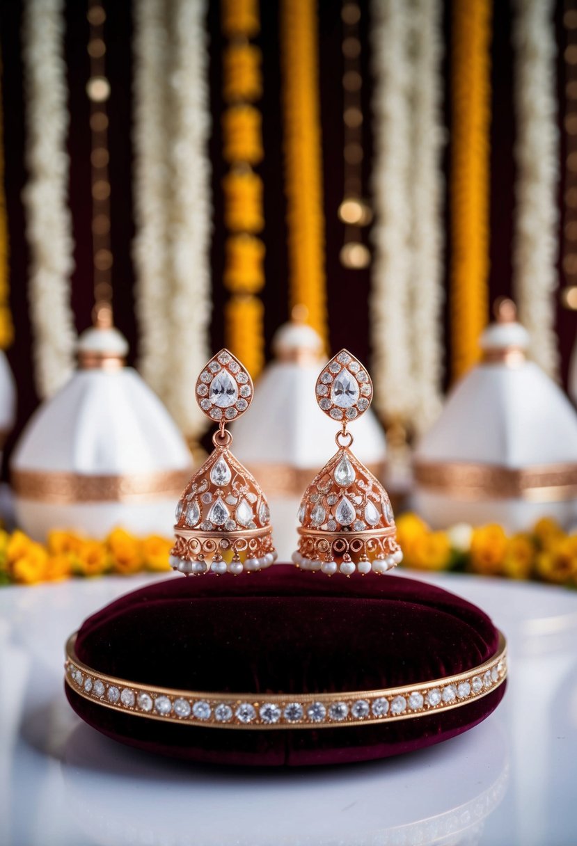 Rose gold drop earrings adorned with shimmering gemstones, arranged on a velvet cushion against a backdrop of intricate Indian wedding decorations