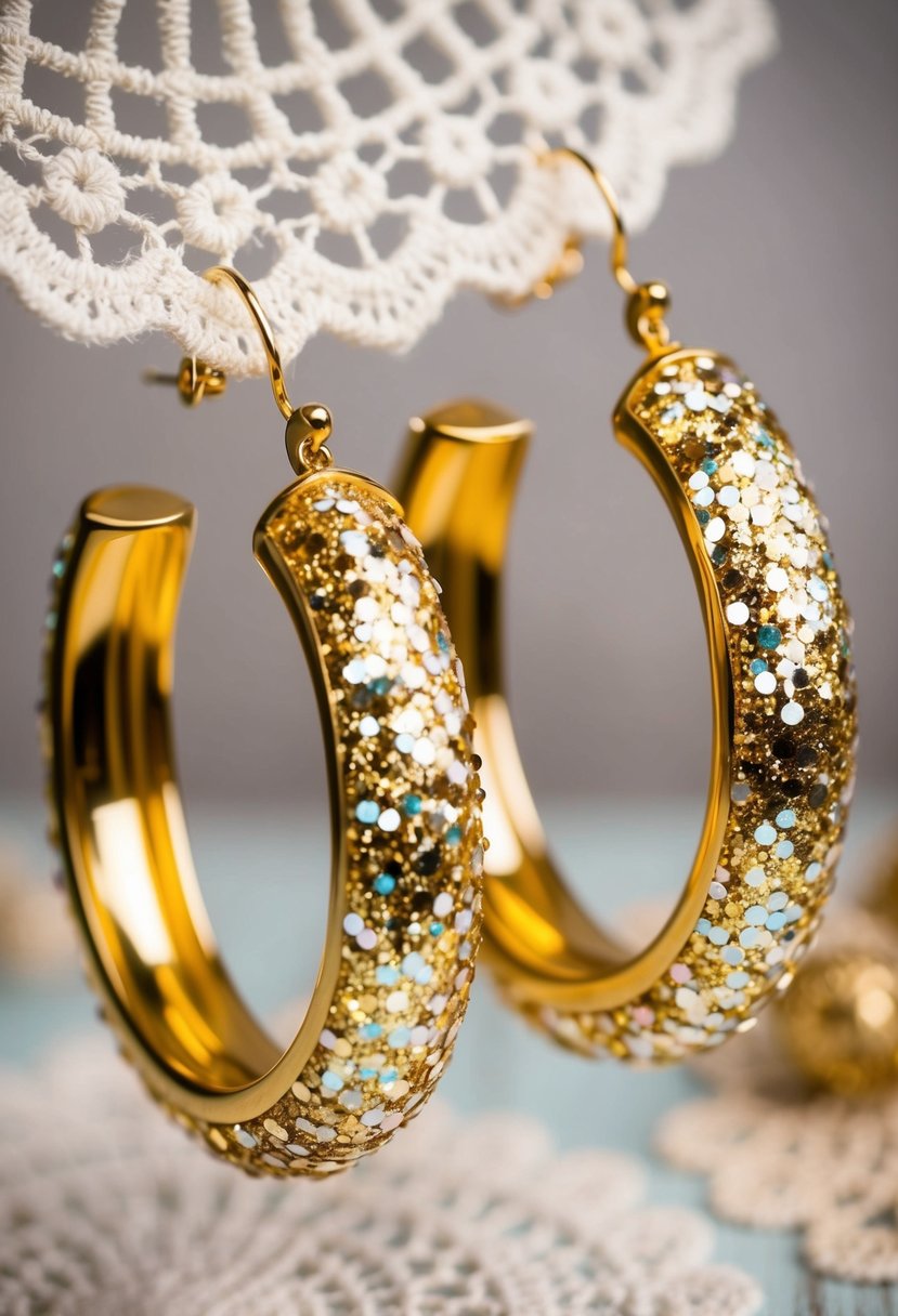 A pair of oversized gold hoop earrings adorned with sparkling glitter, reminiscent of 80s glam, displayed on a vintage lace doily