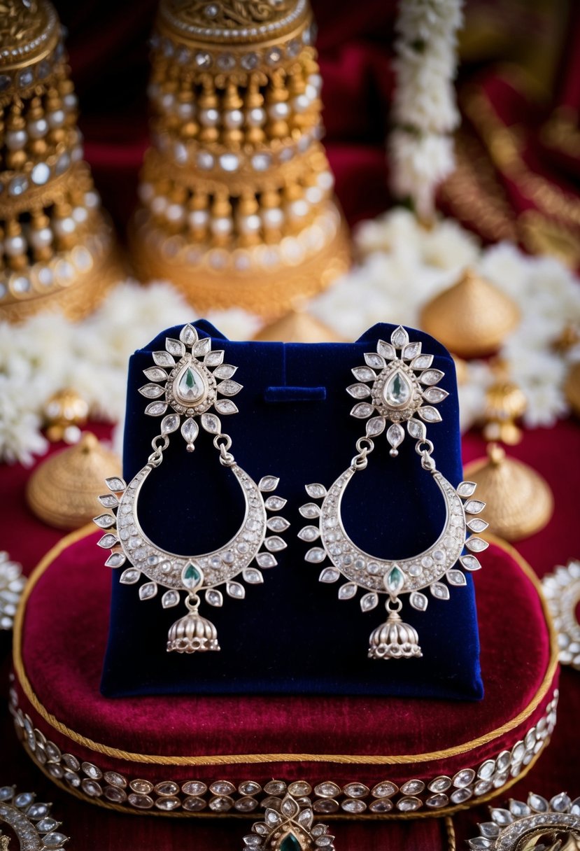 A pair of silver-plated kundan earrings displayed on a velvet cushion, surrounded by intricate Indian wedding decorations