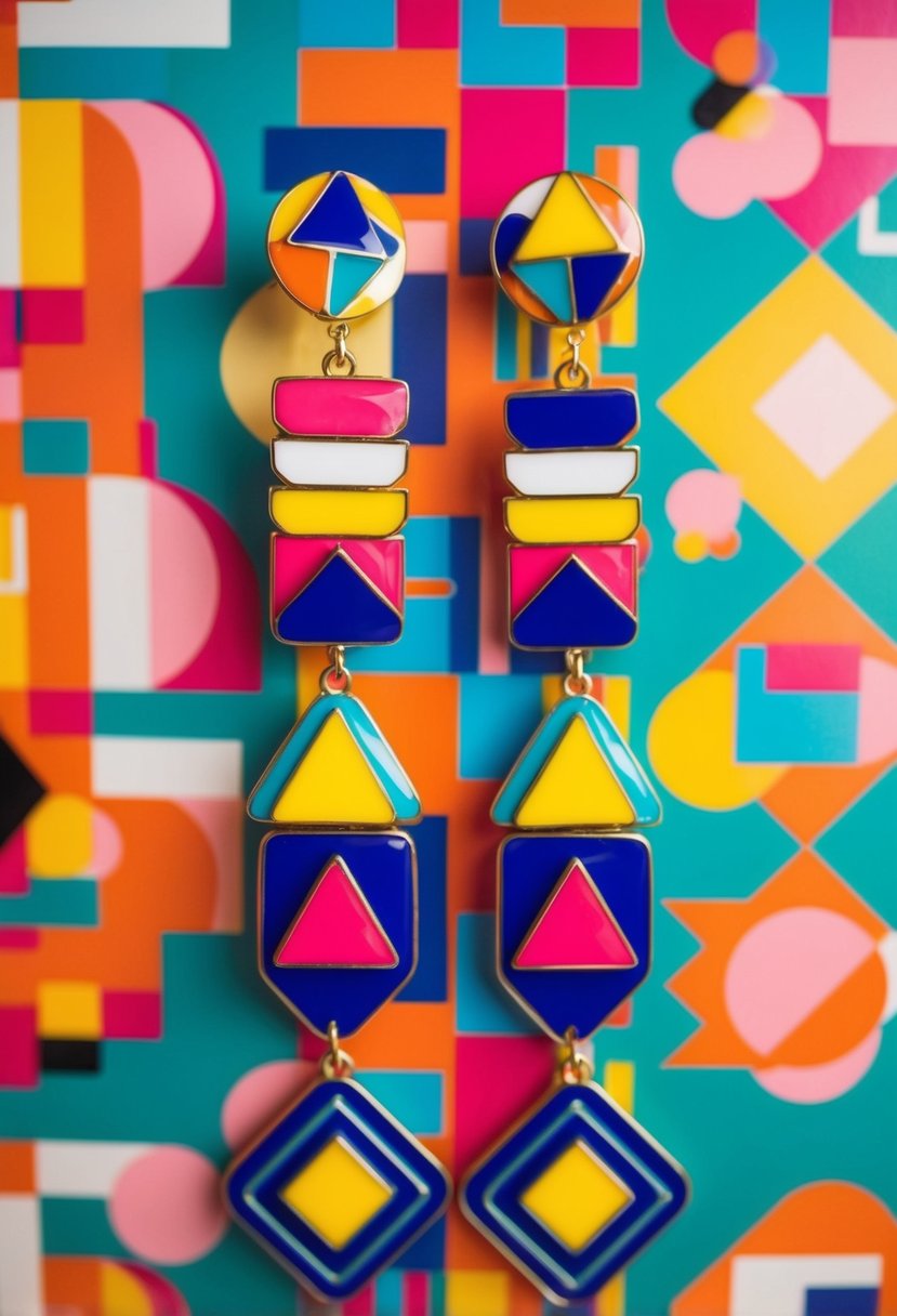 A vibrant display of enamel dangle earrings in bold 80s colors and geometric shapes, arranged on a retro patterned background