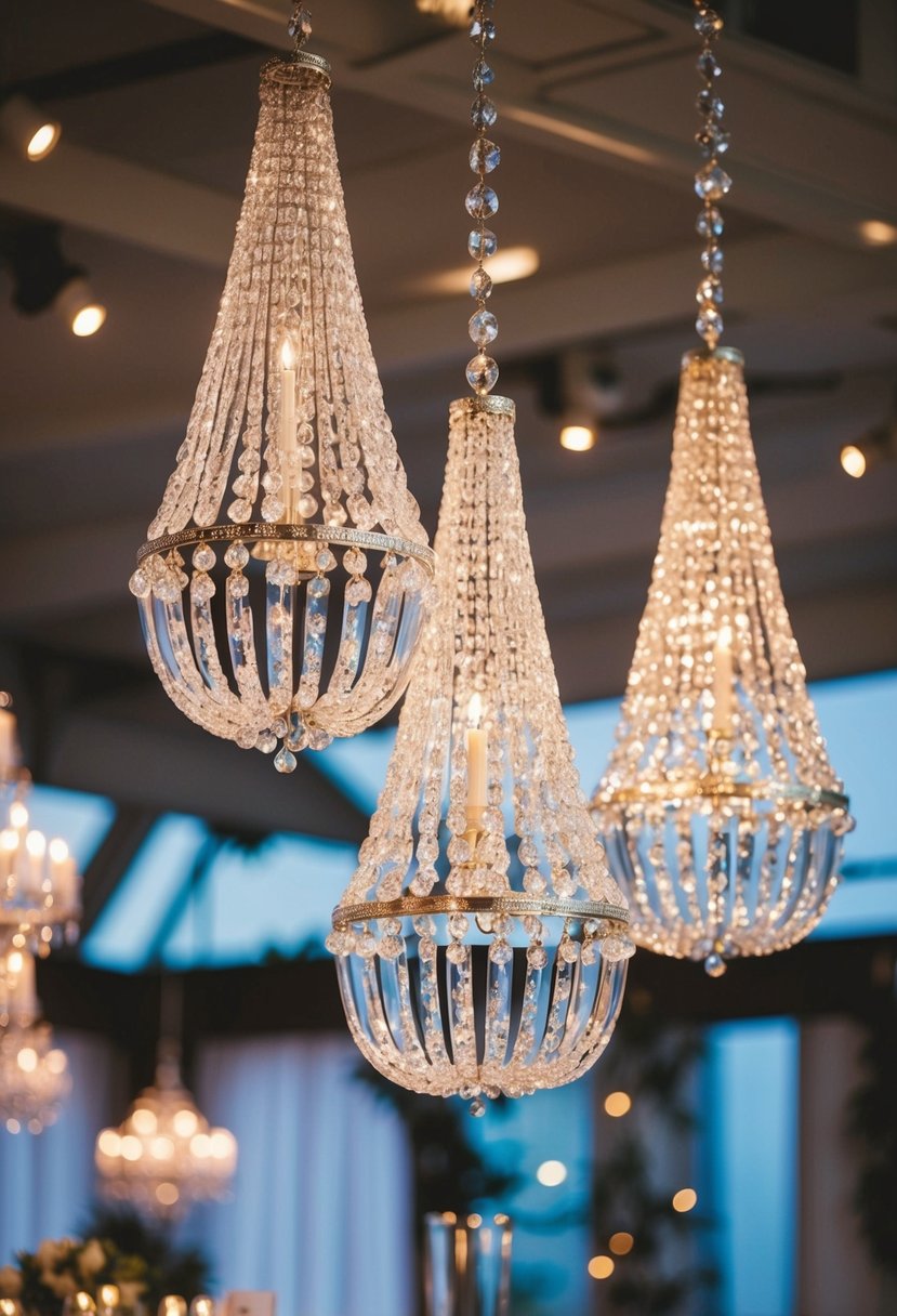 Sparkling teardrop chandeliers hang from a vintage 80s wedding display