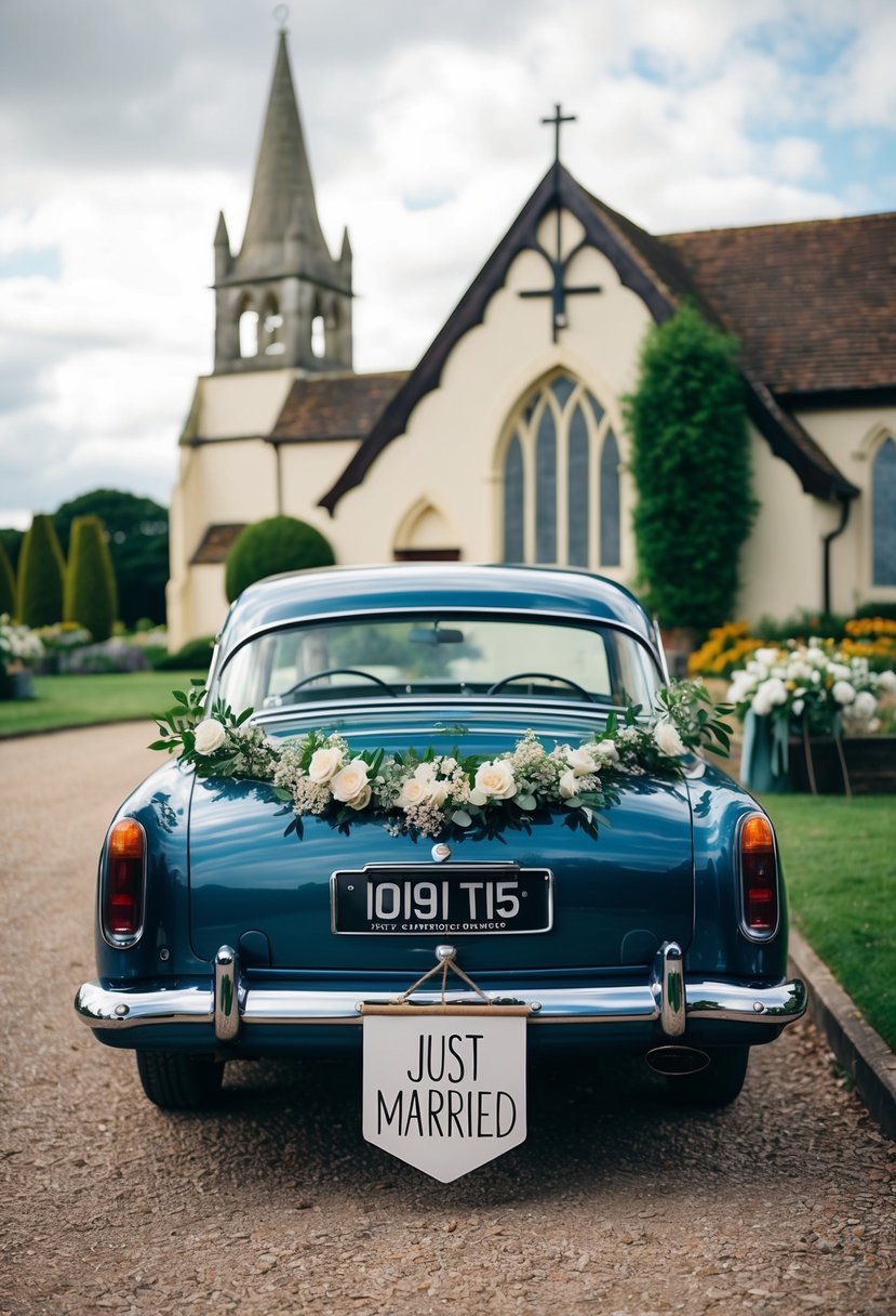 A vintage car decorated with flowers parked outside a quaint church, with a sign reading "Just Married" hanging from the back