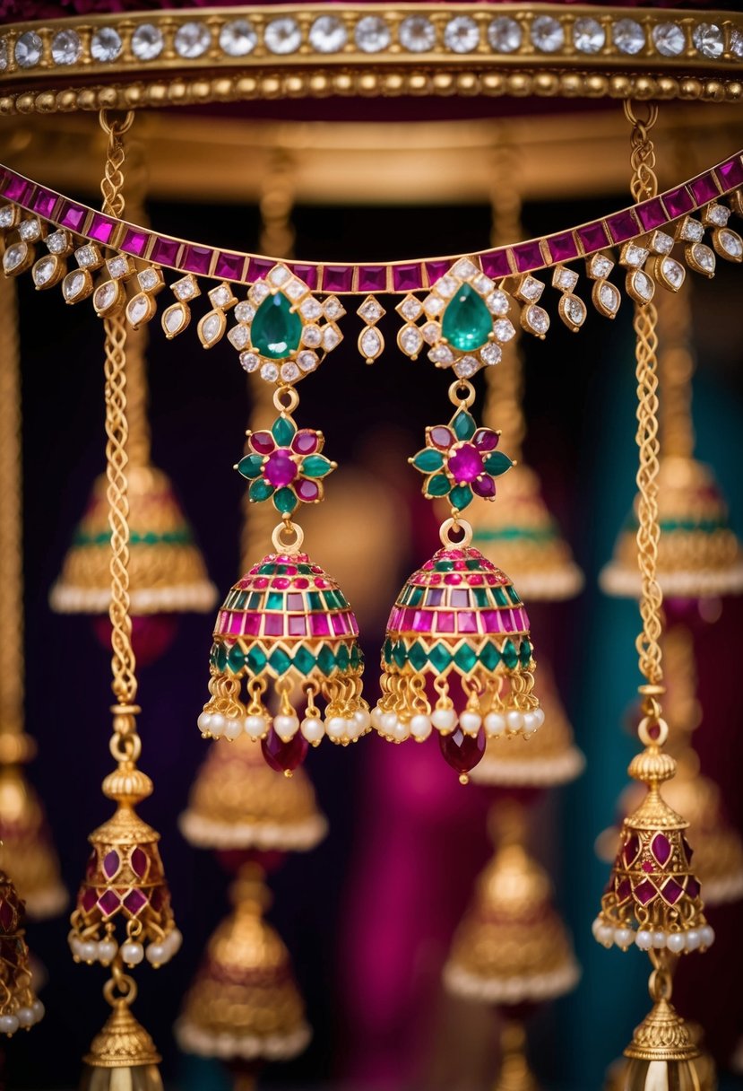 Vibrant gemstone earrings dangle from ornate Indian wedding display