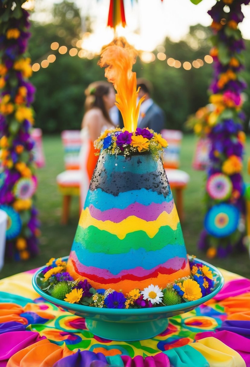 A colorful unity volcano ceremony at a 60s-themed wedding, with psychedelic decor and flower power vibes