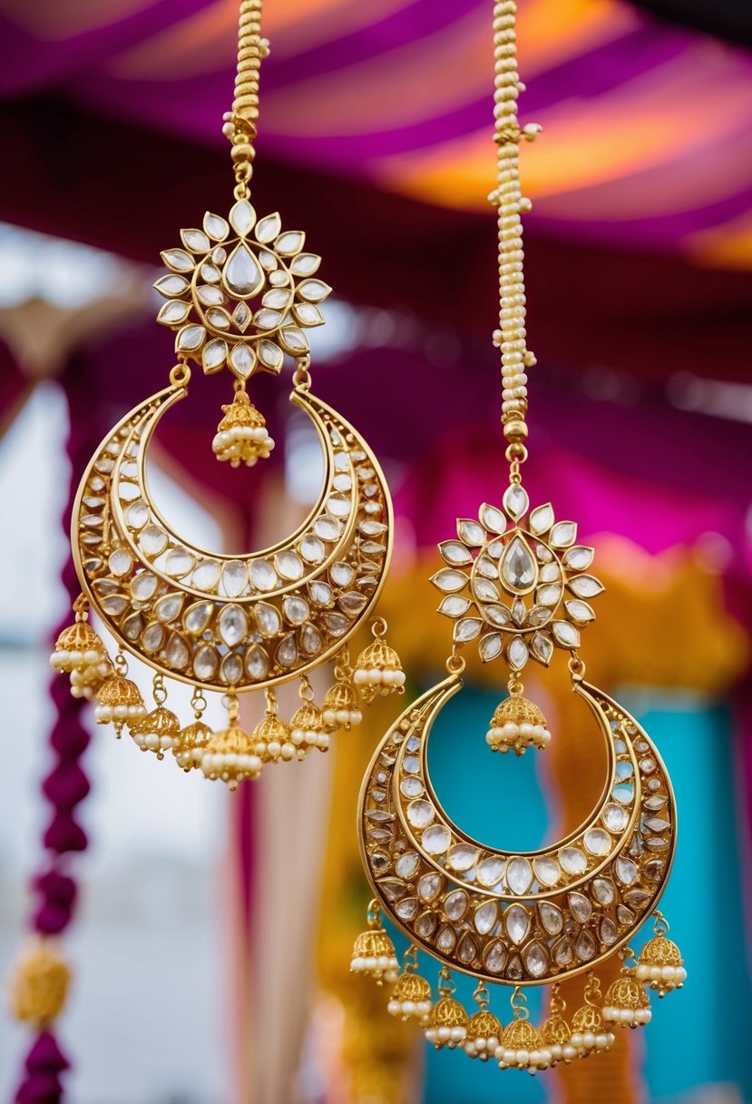 Two oversized moon-shaped chandbalis earrings hanging against a vibrant Indian wedding backdrop