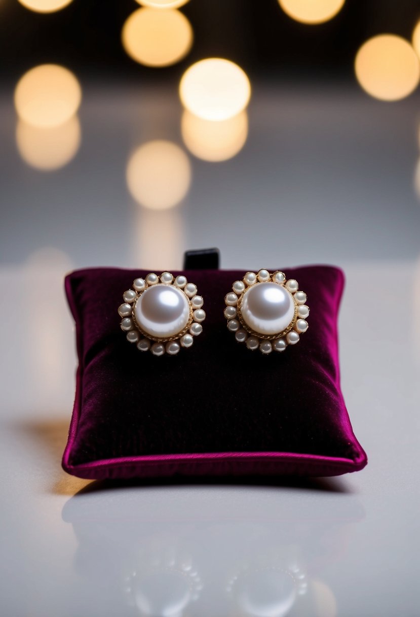 A pair of retro button pearls earrings from the 80s, displayed on a velvet cushion with soft lighting