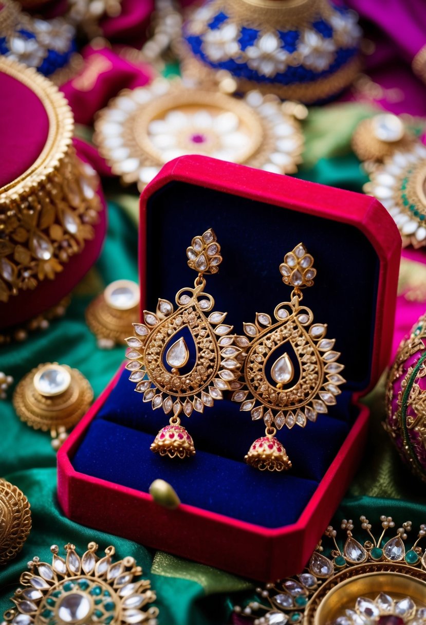 Intricate filigree work earrings dangle from a velvet jewelry box, surrounded by vibrant Indian wedding decor