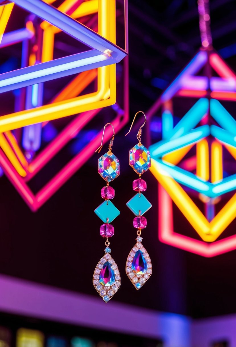 Vibrant neon geometric chandeliers casting colorful light on 80s-inspired wedding earrings