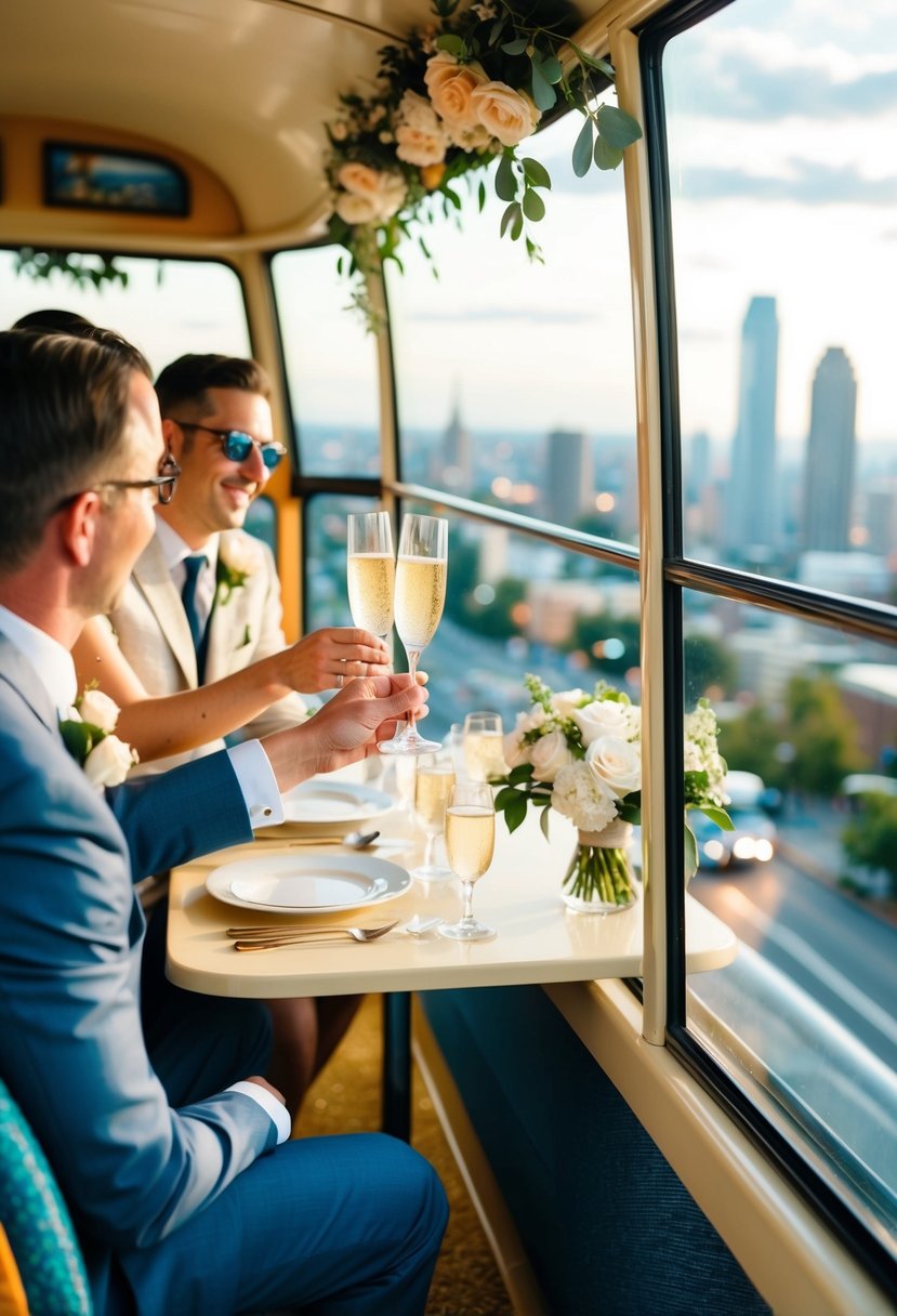 A champagne toast on a vintage sightseeing bus with 1960s wedding decor and scenic city views