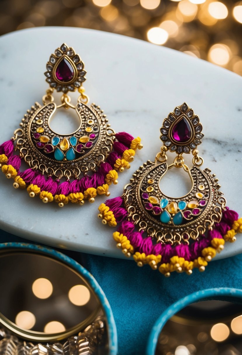 A pair of intricate, layered earrings with colorful tassels, inspired by Indian wedding jewelry