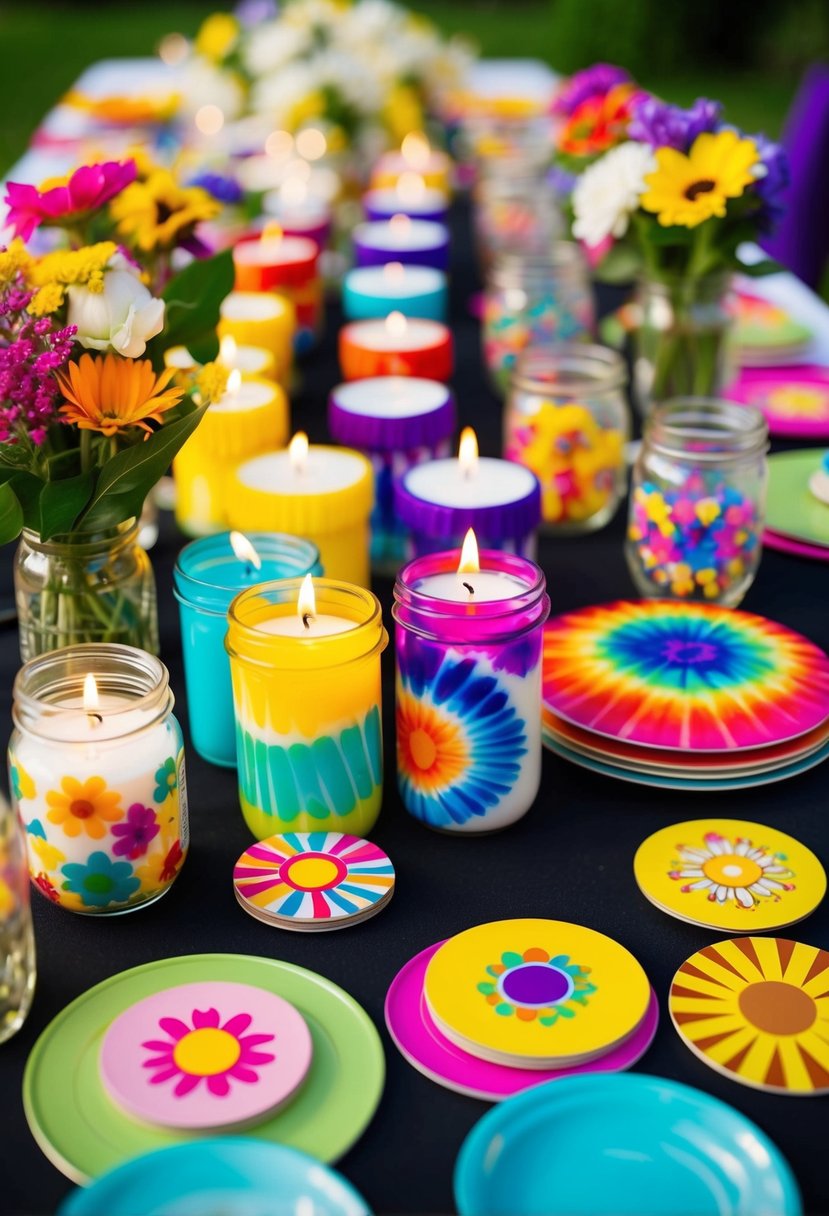 A colorful array of handmade 60s-inspired wedding favors, including tie-dye candles, retro vinyl coasters, and flower power mason jar centerpieces