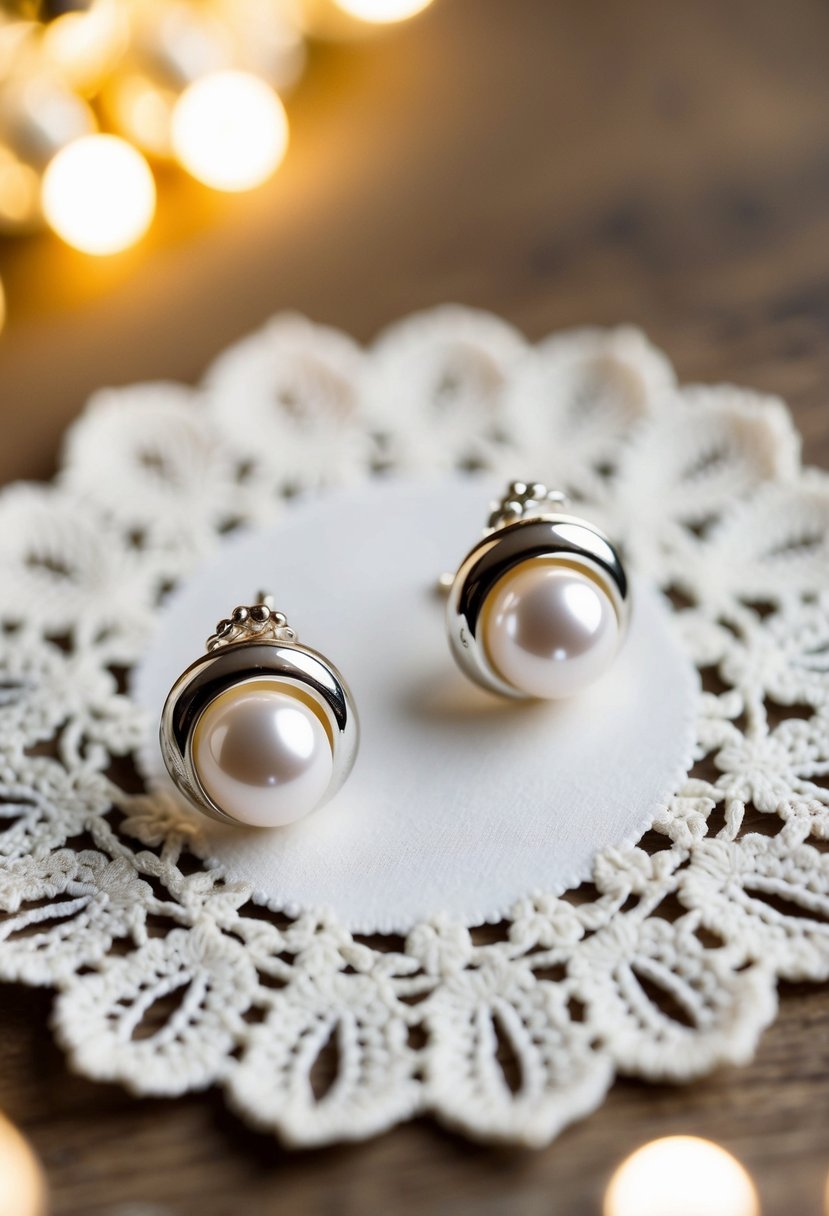 A shiny metallic and pearl earring pair displayed on a vintage lace doily with soft lighting