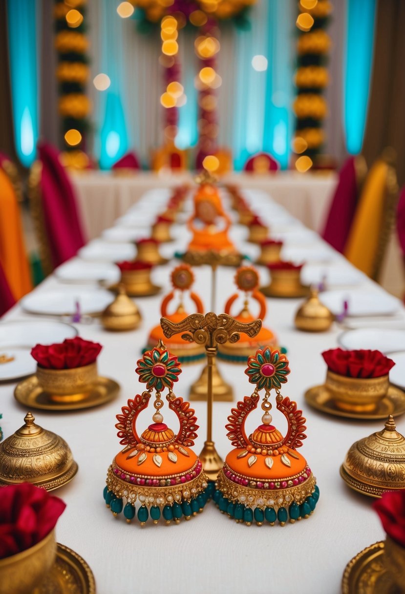 A table adorned with vibrant terracotta earrings, surrounded by traditional Indian wedding decor