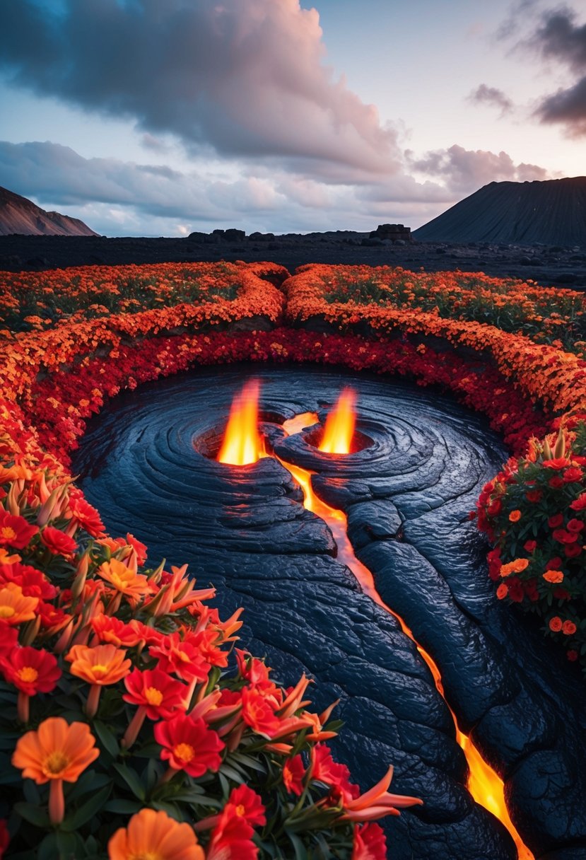 A swirling pool of molten lava encircled by vibrant red and orange flowers, with two streams of lava joining together as a symbol of unity