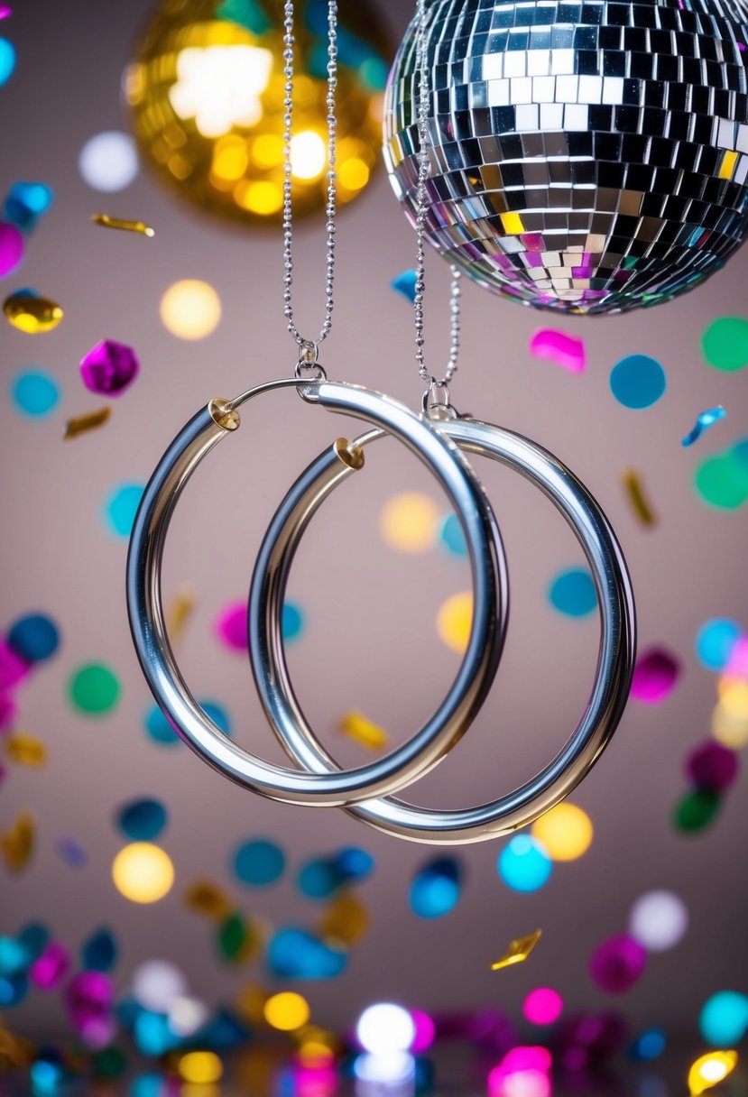 A pair of giant hoop earrings suspended in mid-air, surrounded by colorful confetti and disco ball reflections