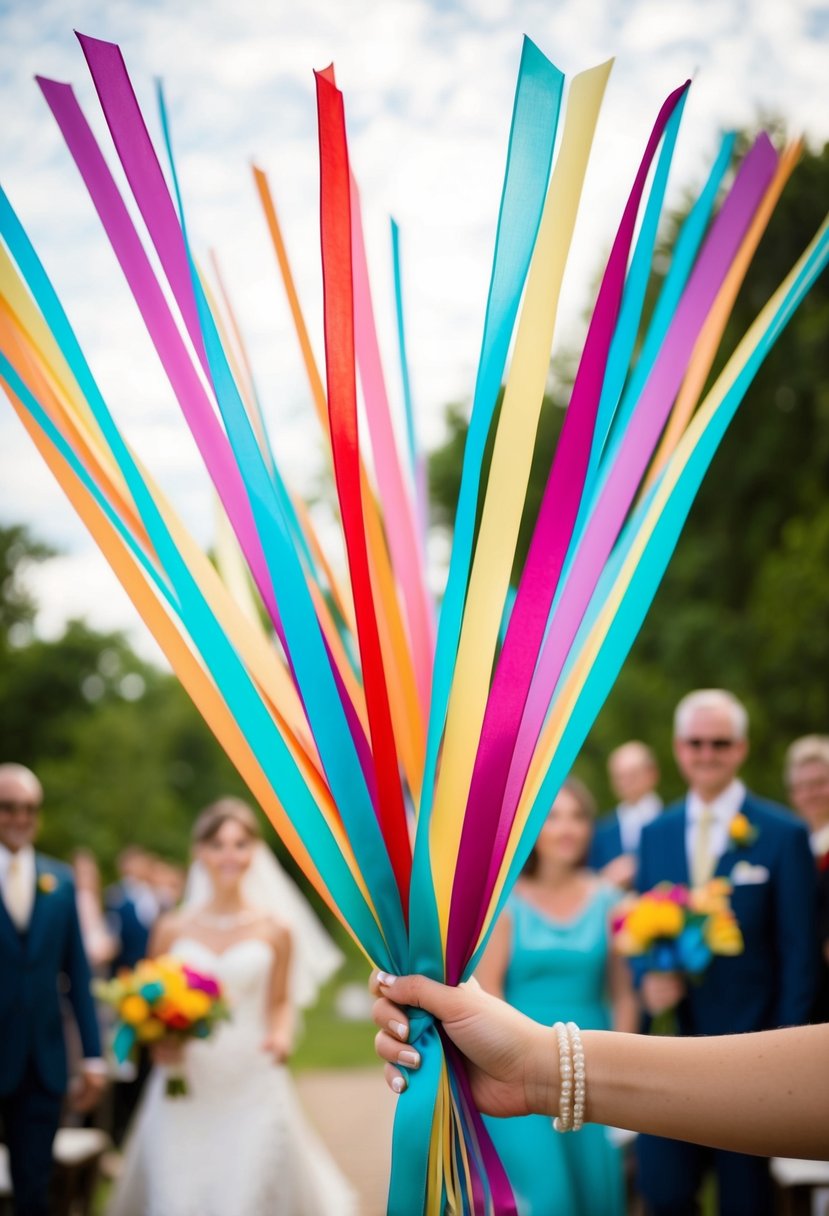 Colorful ribbon wands waved in the air, creating a vibrant and joyful scene for a 60s wedding ceremony exit