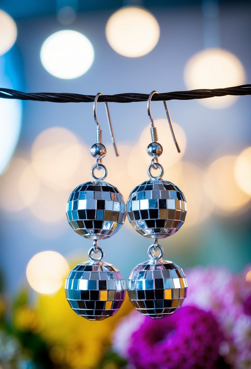 A pair of shiny, dangling disco ball earrings hanging from a retro 80s wedding display