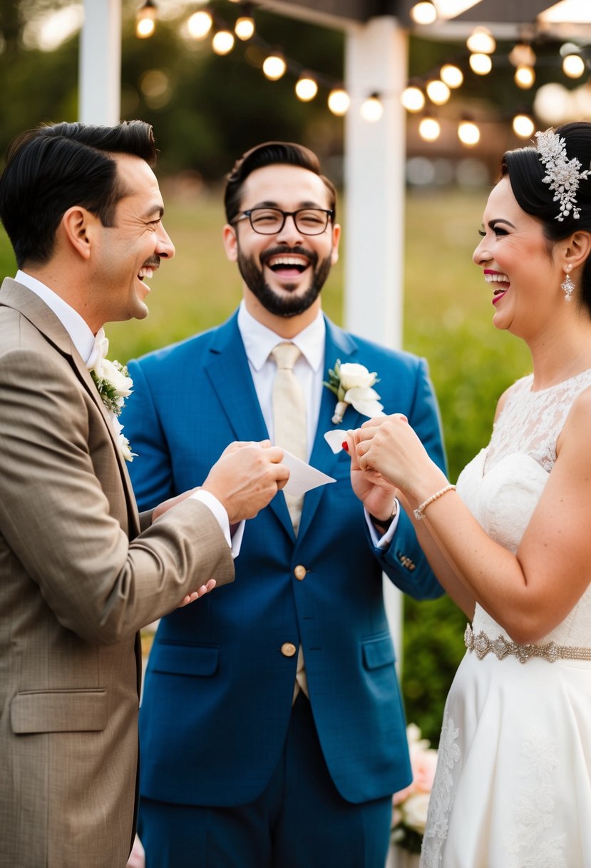 A couple in 60s attire laugh while exchanging humorous vows in a retro-themed wedding setting