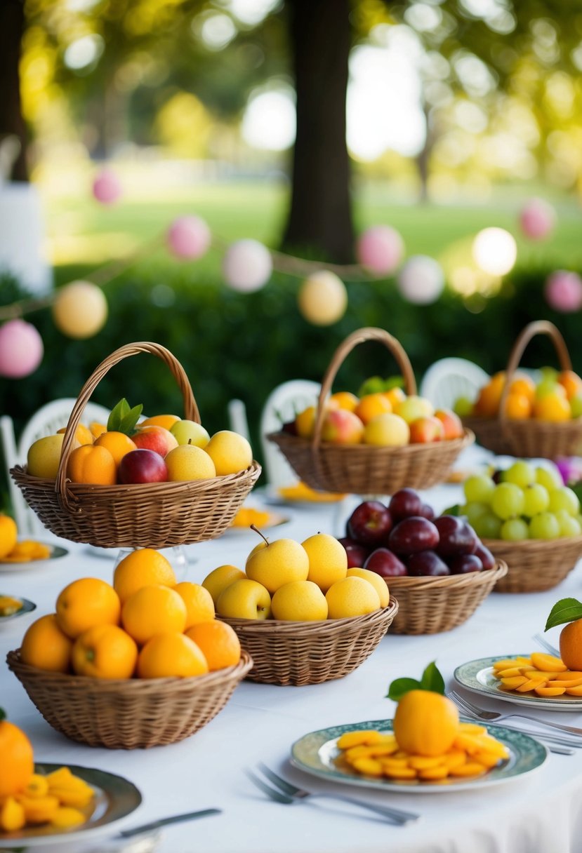 A vintage-style table adorned with baskets of colorful seasonal fruit, set as party favors for a 60s wedding celebration