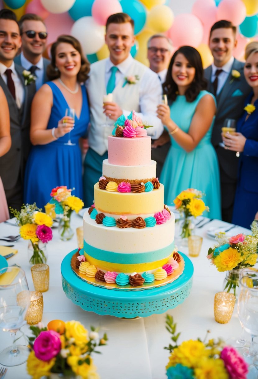 A retro 60s wedding reception with a colorful ice cream cake as the centerpiece, surrounded by vintage decor and happy guests