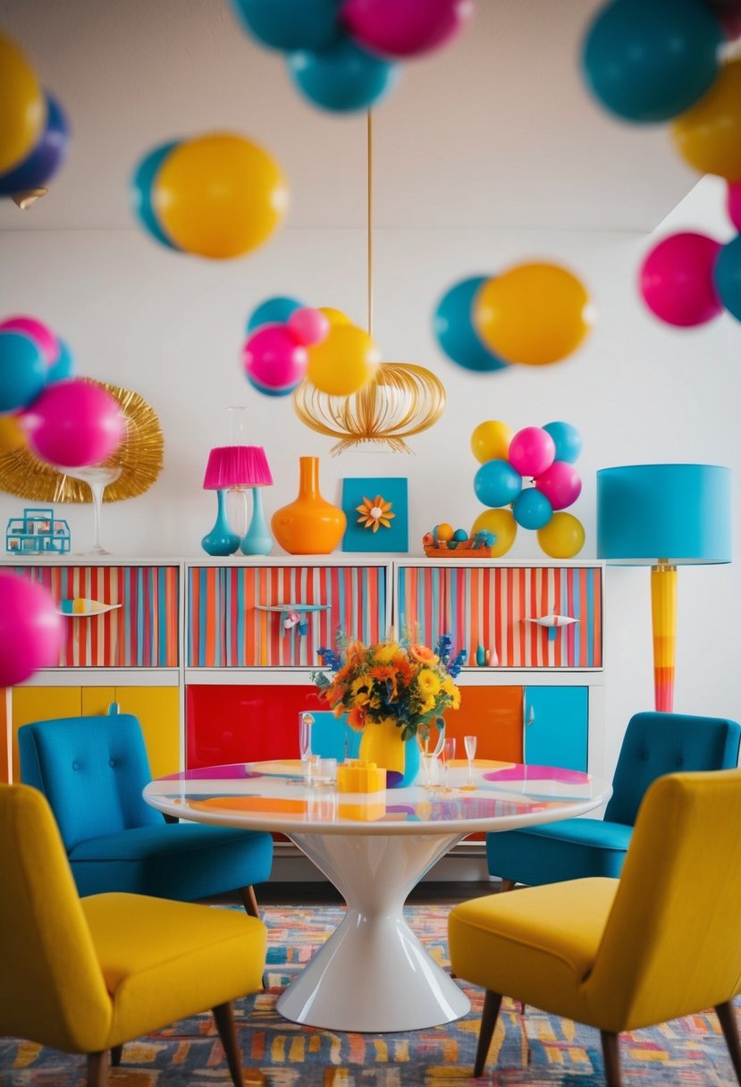 A retro 1960s wedding scene with bold, psychedelic colors, mod furniture, and vintage accessories