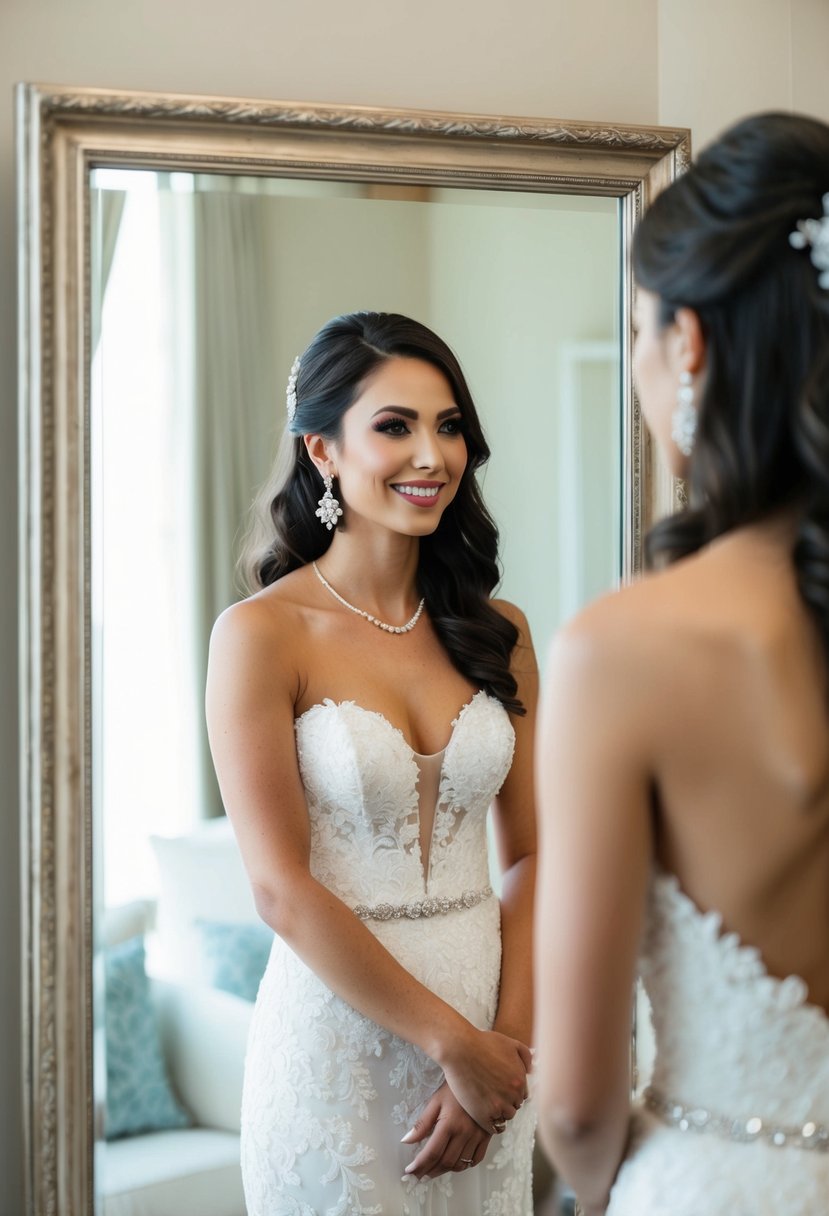 A bride with her hair down, wearing elegant earrings, standing in front of a mirror admiring her wedding day look