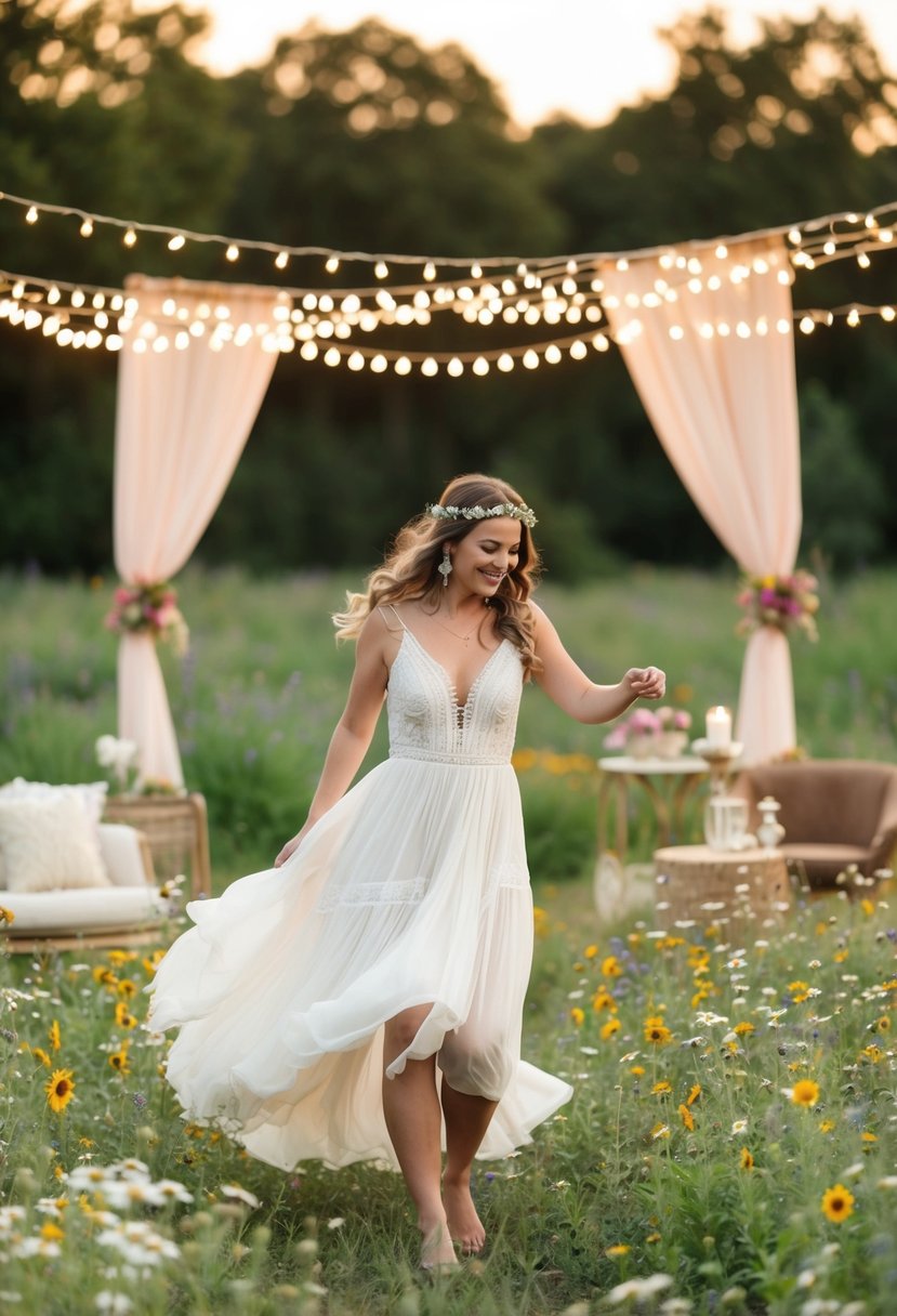 A bride in a flowy, bohemian-inspired wedding dress dances barefoot in a field of wildflowers, surrounded by vintage 60s decor and twinkling string lights