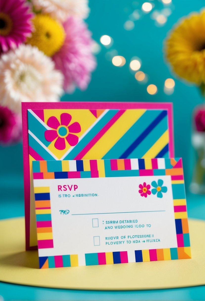 A colorful, retro-inspired RSVP card with bold geometric patterns and flower motifs, evoking the vibrant and playful spirit of a 1960s wedding