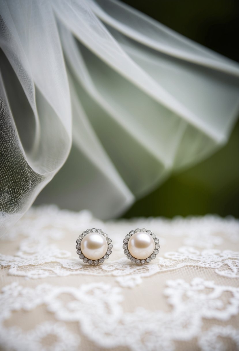 A pair of elegant pearl studs resting on a delicate lace fabric, with a soft focus background of a wedding veil and flowing hair