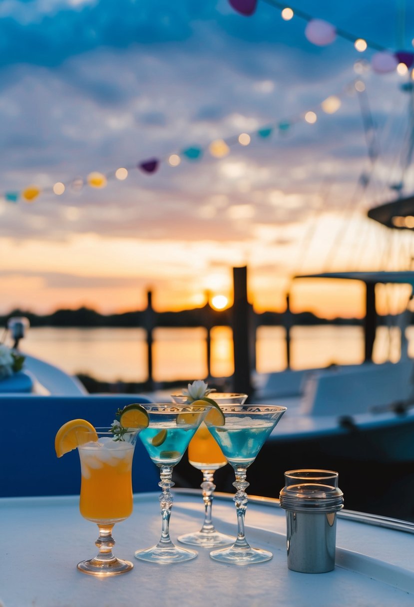 An oyster boat docked at sunset, with vintage cocktail glasses and 60s wedding decor