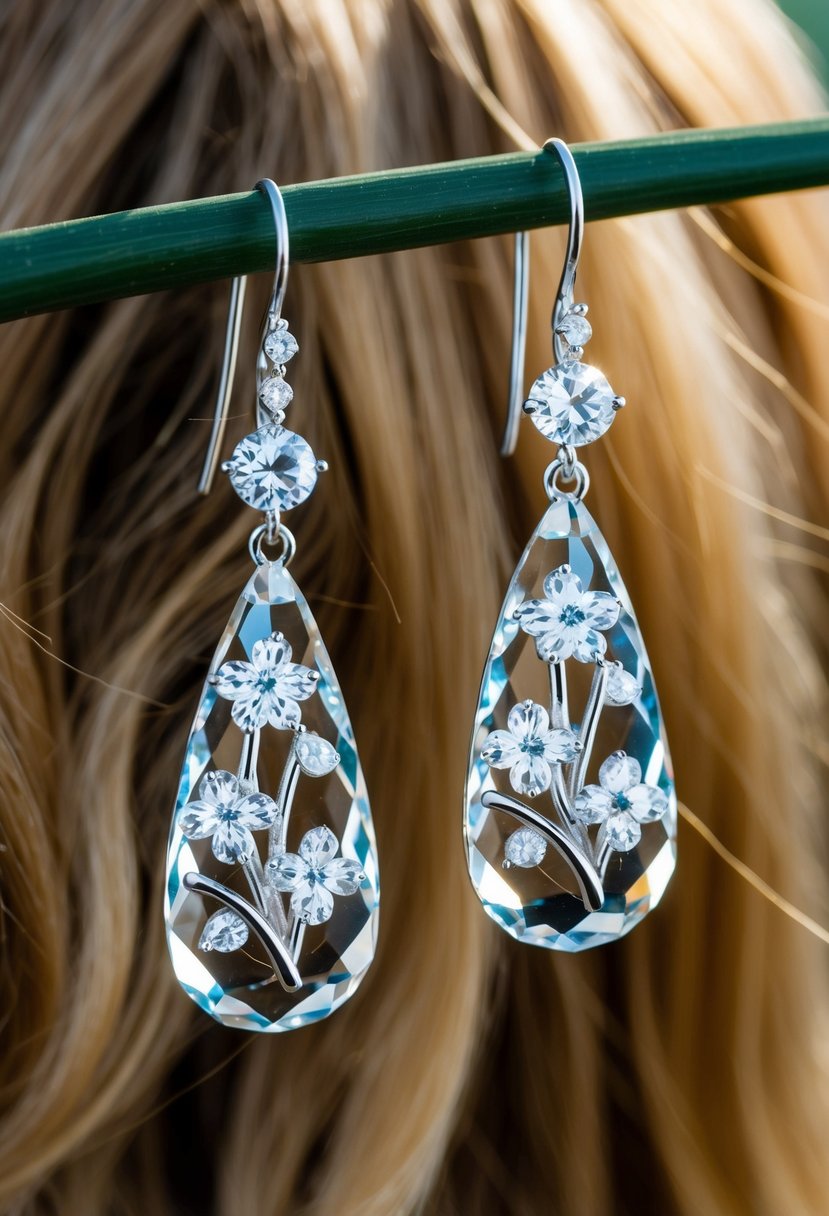 A pair of sparkling crystal drop earrings with a delicate floral design, hanging elegantly against the backdrop of flowing hair