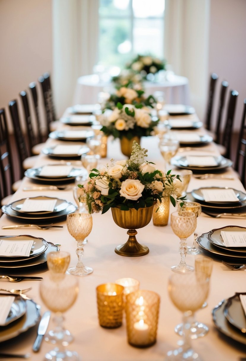 An elegant table setting with vintage 60s wedding decor in the first row