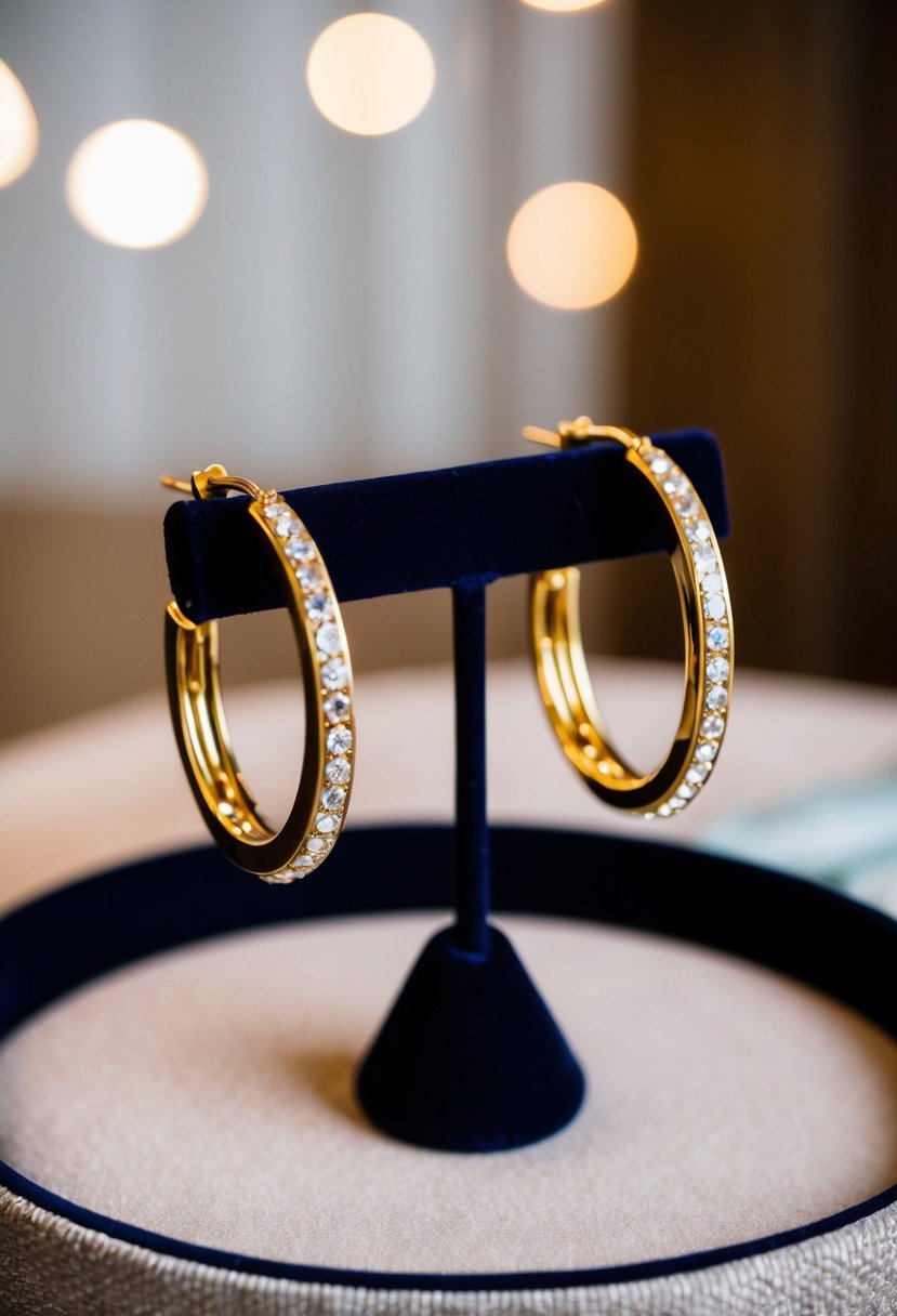 Vintage-inspired gold hoop earrings with rhinestones, displayed on a velvet cushion with soft lighting