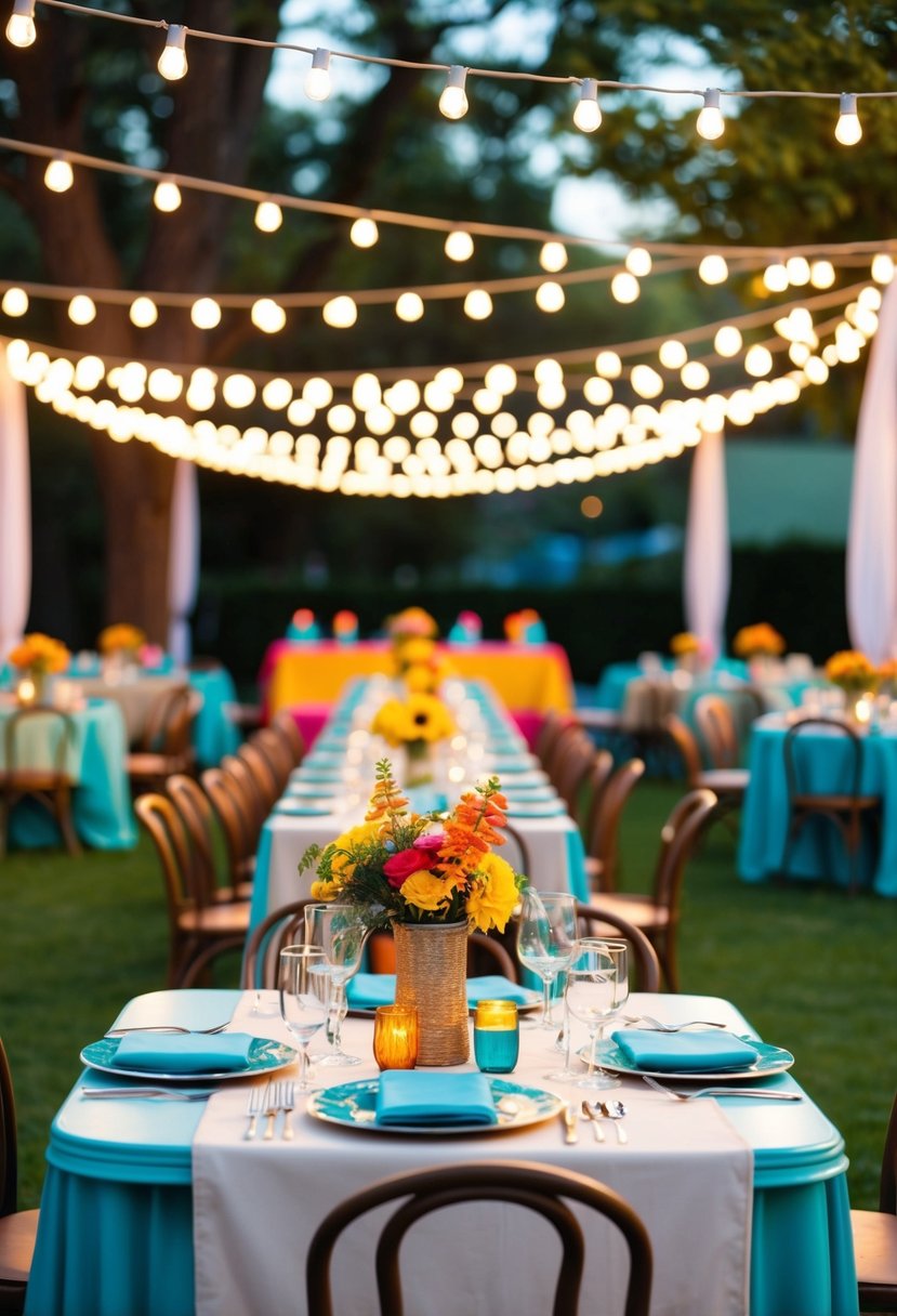 A groovy outdoor wedding with twinkling string lights and retro decor