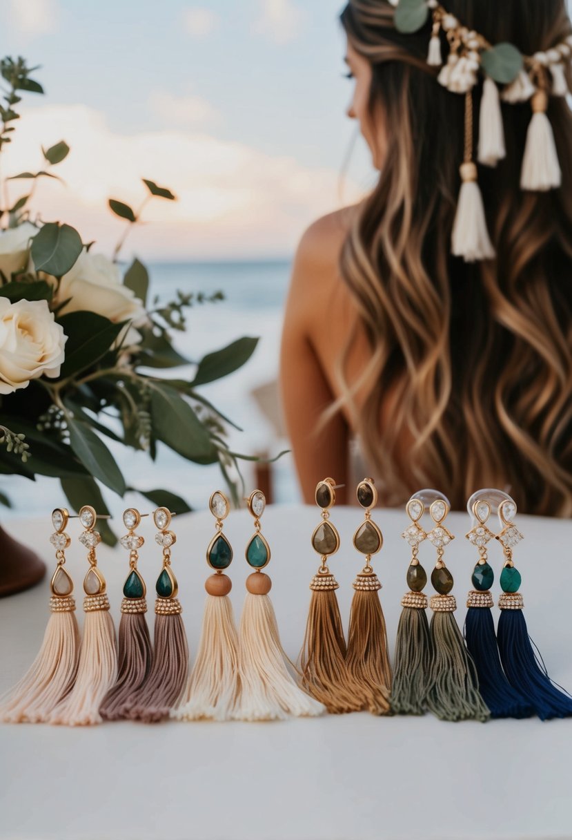 A table with a variety of bohemian tassel earrings adorned with natural stones, set against a backdrop of flowing hair and wedding decor