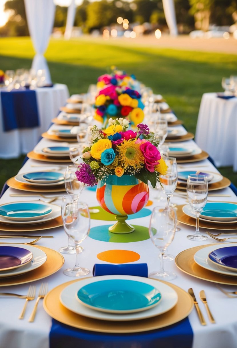 An interactive table with 60s-themed wedding settings, including colorful centerpieces and retro dinnerware