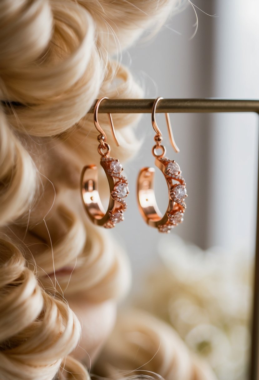 A pair of delicate rose gold crawler earrings dangle from a display, surrounded by soft curls of hair, evoking wedding elegance