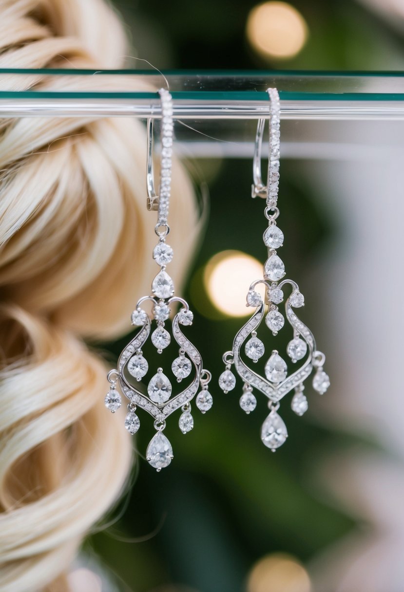 A pair of elegant silver chandelier earrings hanging from a display, with a soft, flowing wedding hairstyle in the background