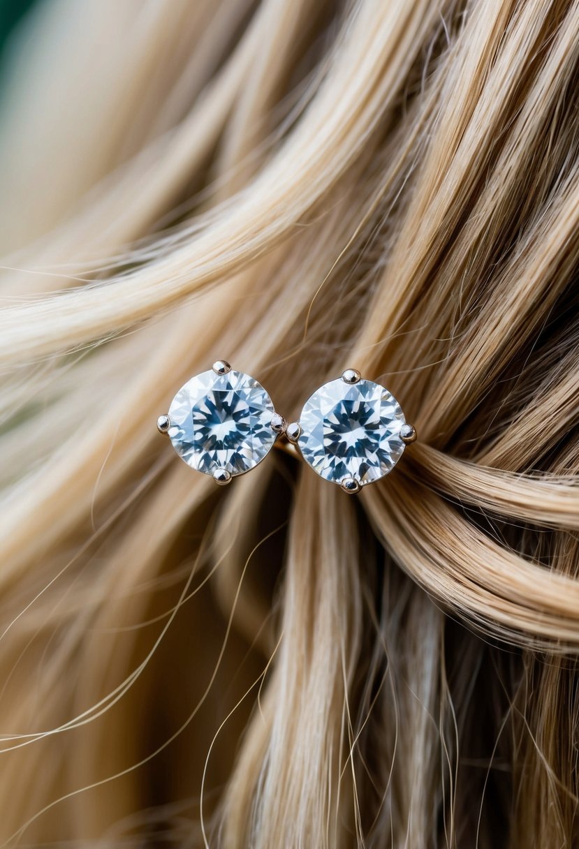 A close-up of traditional diamond solitaire stud earrings against a backdrop of flowing hair, suggesting wedding elegance