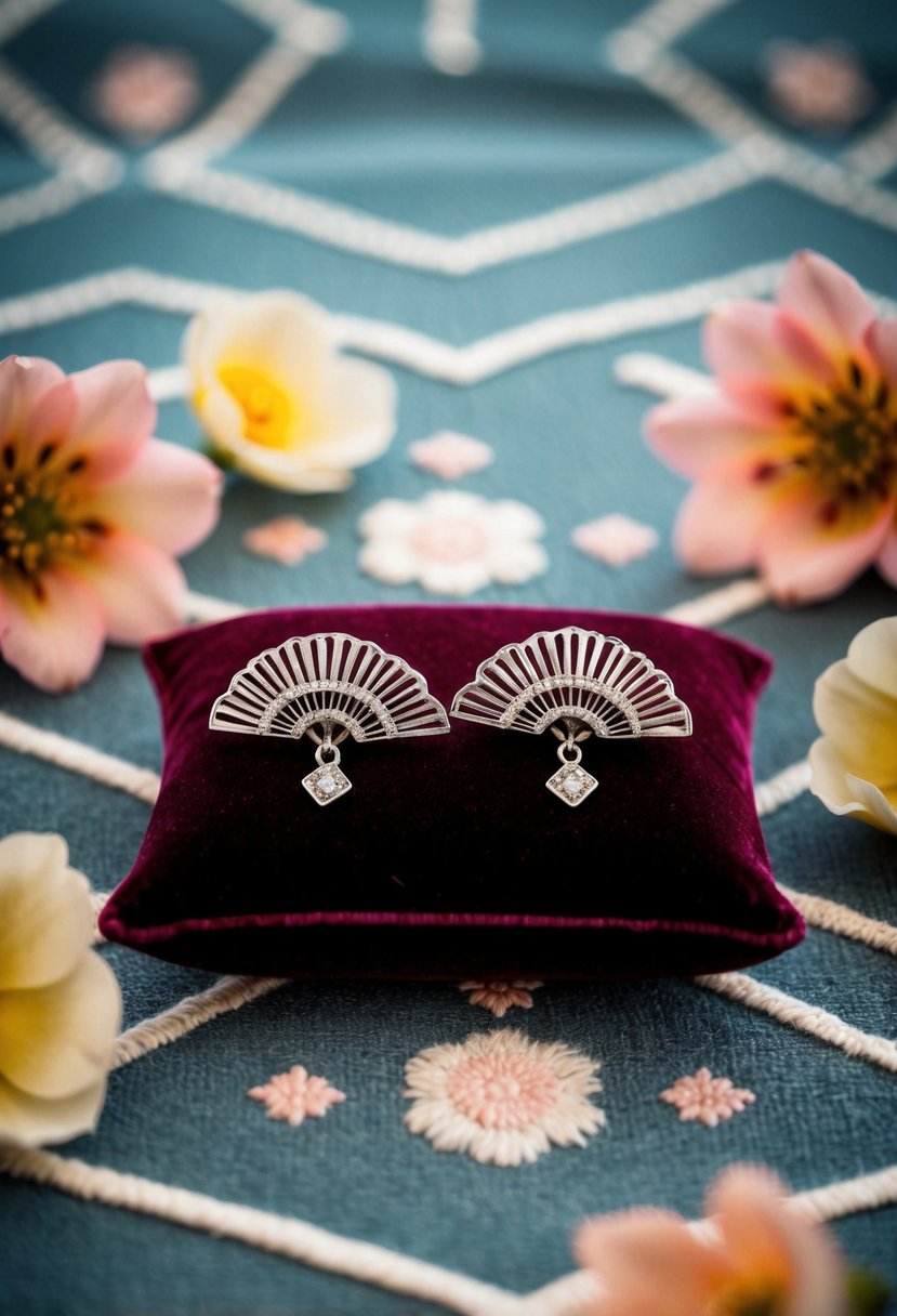 A pair of Art Deco fan-shaped earrings rest on a velvet cushion, surrounded by delicate floral motifs and geometric patterns