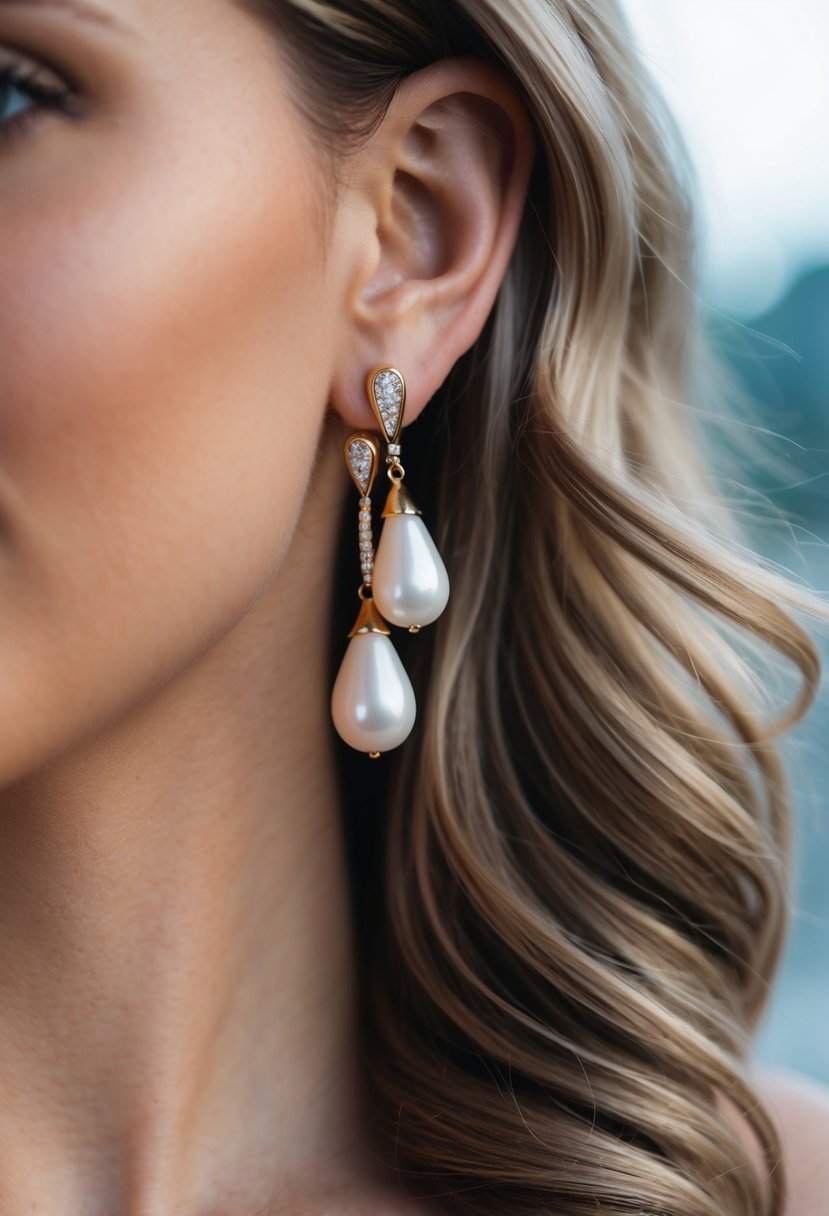 A pair of tear-drop pearls with gold accents, dangling elegantly from a woman's ear, her hair cascading down in loose waves