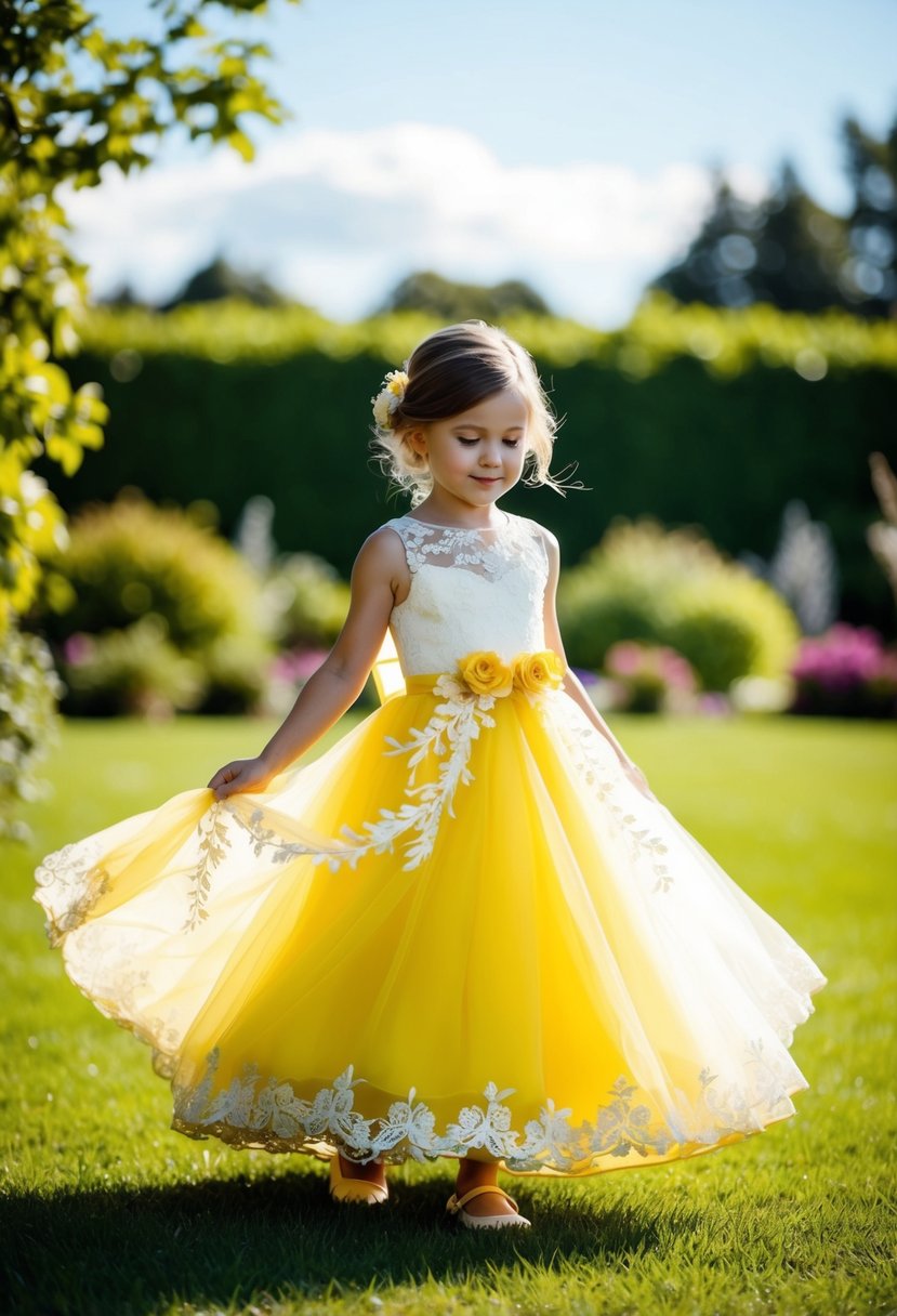 A young girl twirls in a sunny garden, wearing a bright yellow wedding dress with delicate lace and floral details