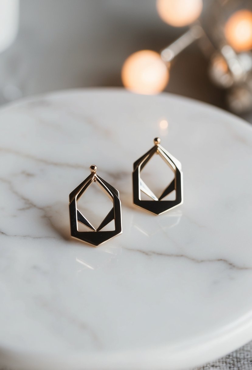 Geometric earrings in mixed metals, hair down, on a white marble surface with soft lighting