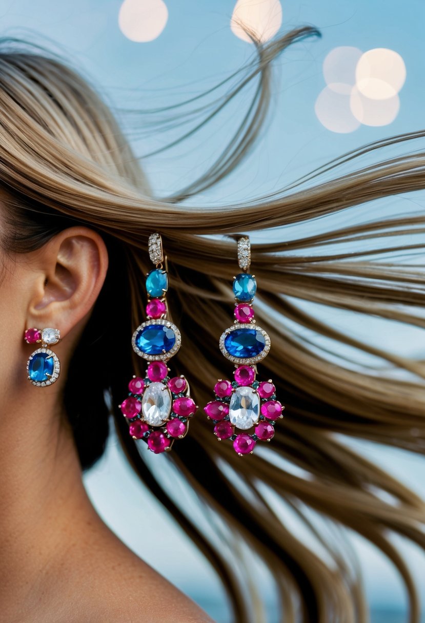 A pair of bold statement earrings with colored gems, set against a backdrop of flowing hair, perfect for wedding earring ideas