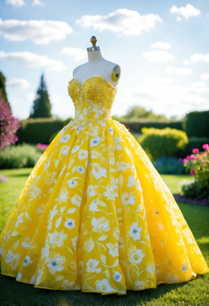 A bright yellow floral ball gown in a sunny garden