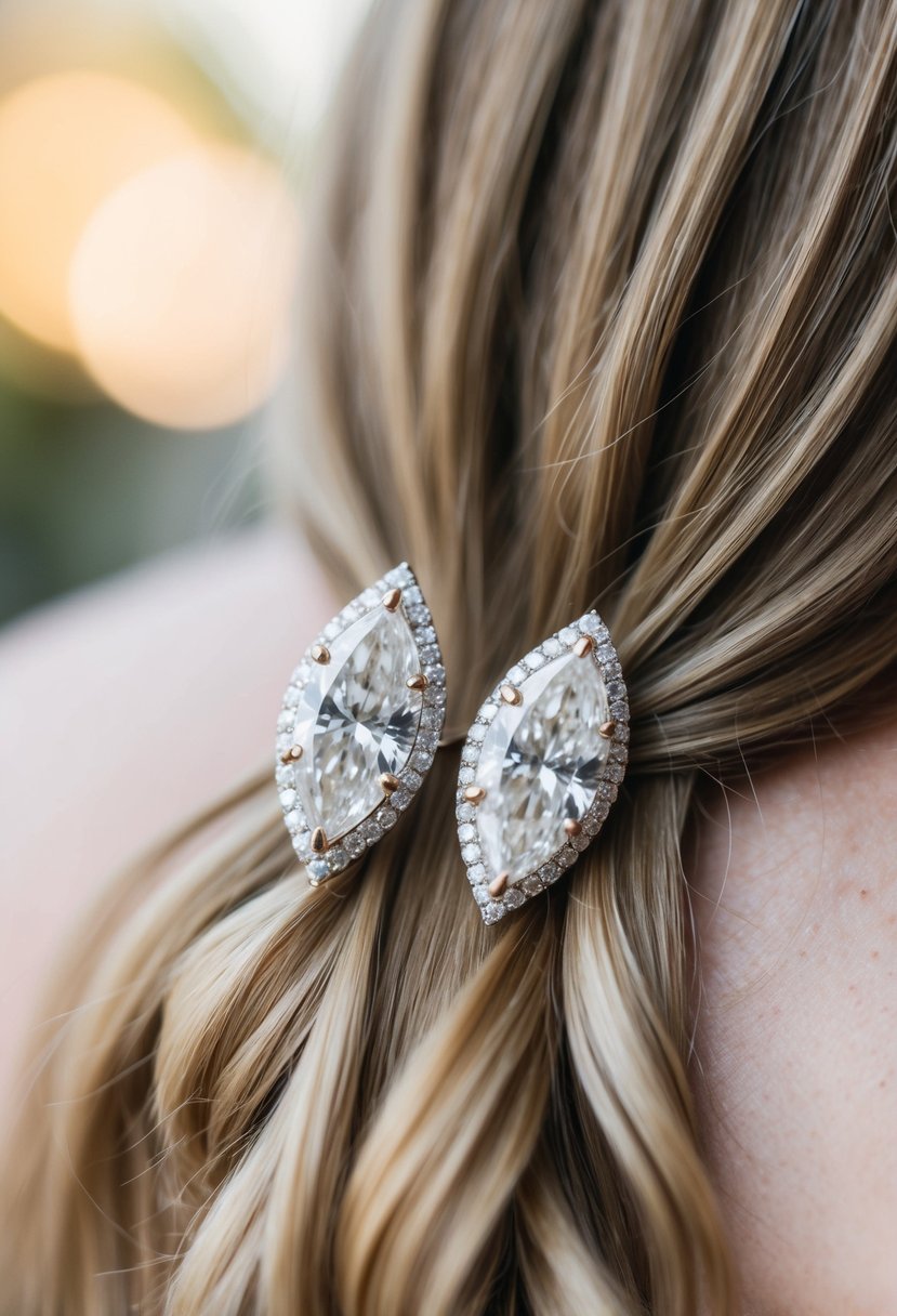 Two elegant marquise diamond studs nestled in long flowing hair, perfect for a wedding